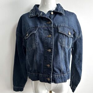 Bebe Womens Cropped Embellished Denim Jean Jacket Indie Glam Bling Western Sz M